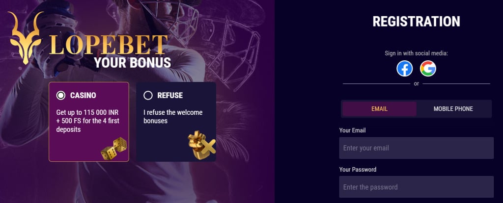 Lopebet Registration window on the website