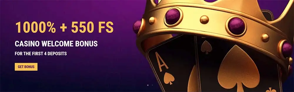 Casino welcome bonus promotion showing 1000% and 550 free spins offer for first 4 deposits with playing cards and a golden crown.